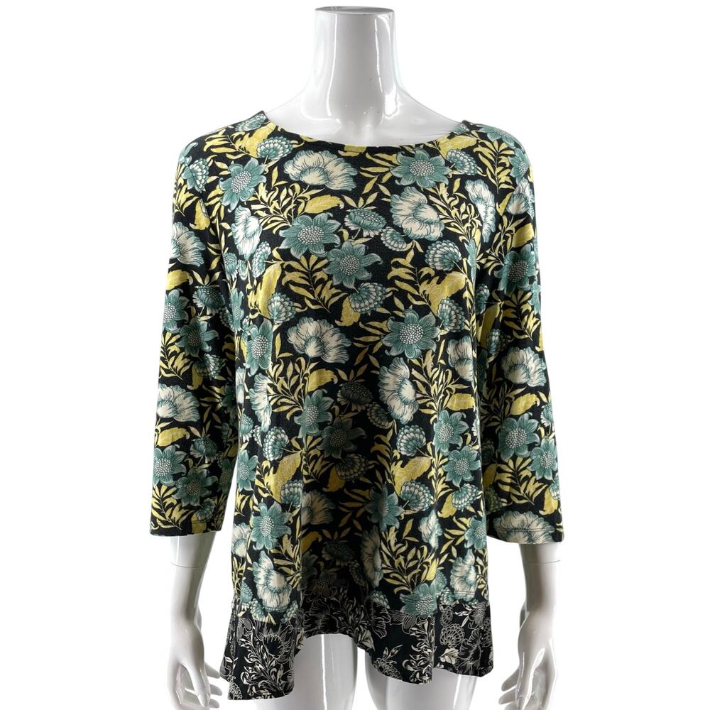 J Jill Womens Top Size Medium Blue Yellow Floral Print Stretch Knit Shirt